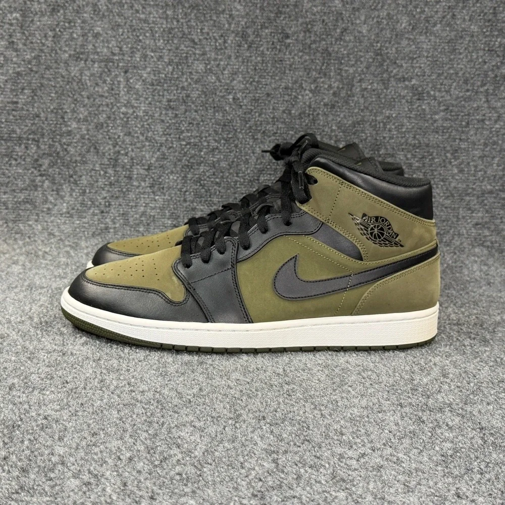 Jordan 1 Mid Shoes Men's 13 Olive Canvas Green Black Retro Athletic Sneakers
